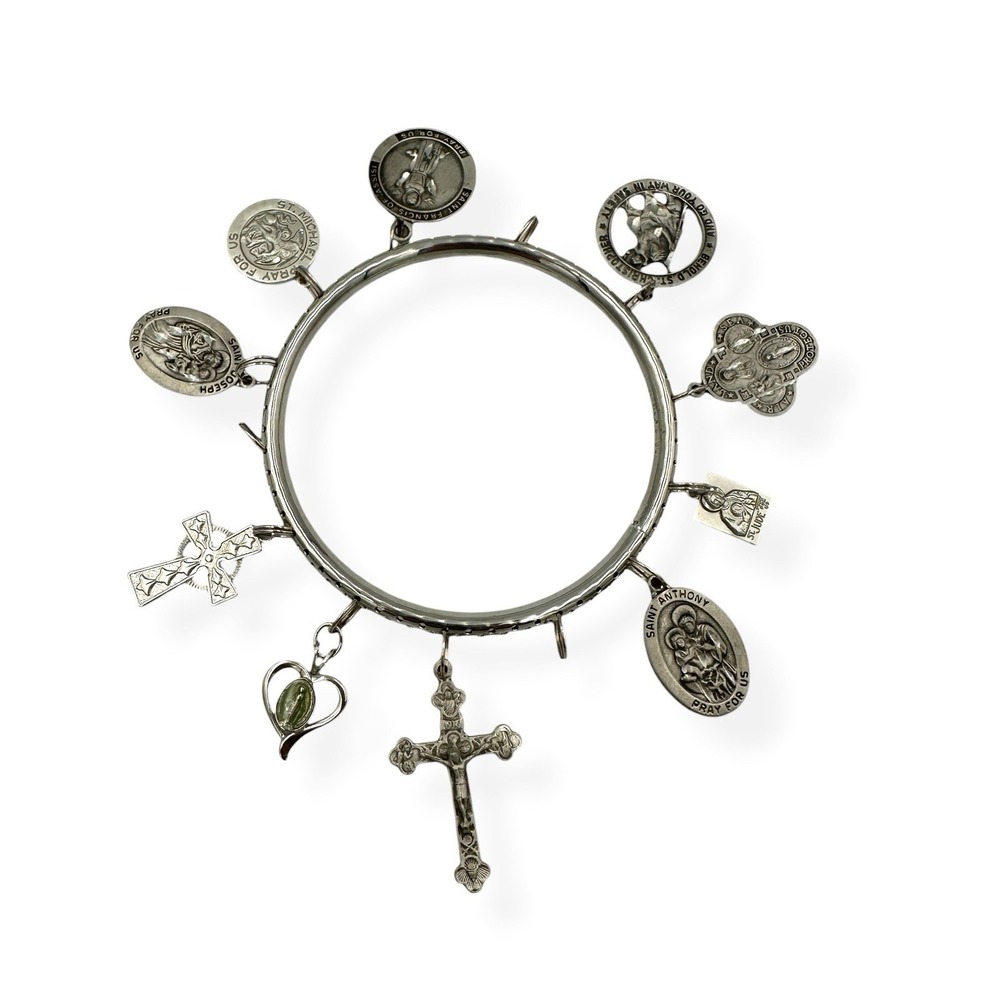 VTG Catholic Saints Charm Bracelet Bangle Religious Crucifix Medals Silver Tone